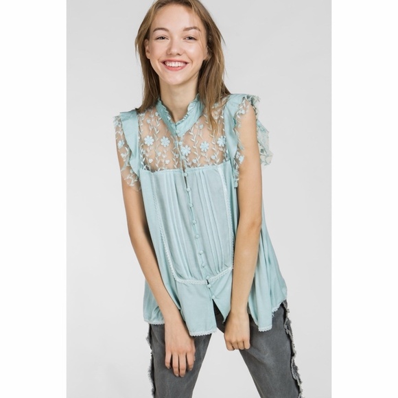 POL Mint Green Pleated Floral Lace Button Down Sleeveless Rayon Top - Picture 6 of 6